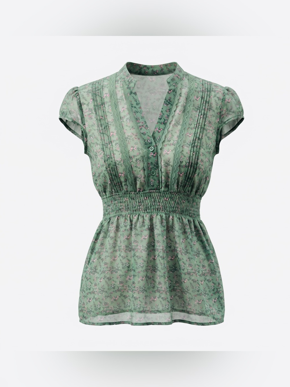 Candie's Sage Green Floral Smocked Waist Blouse - Size Small, Like New